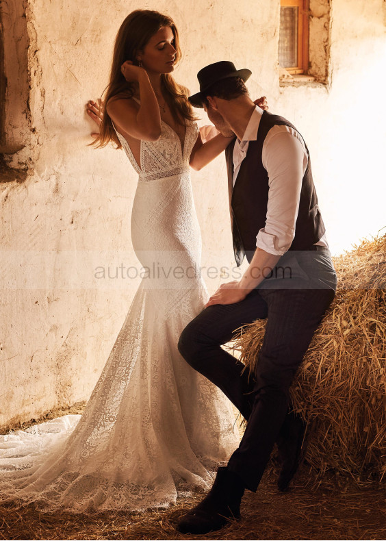 Sexy Ivory Lace V Back Bohemian Wedding Dress